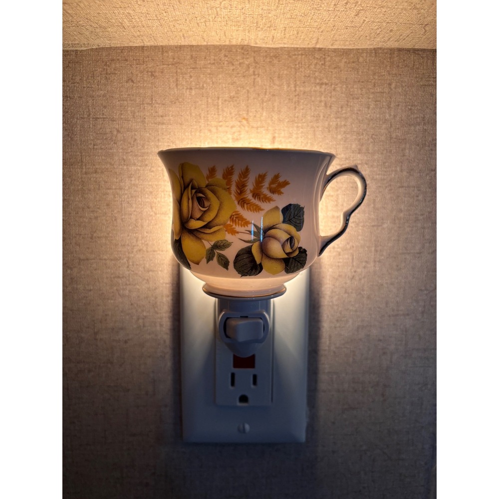 Handcrafted Vintage Teacup Night Light Yellow Rose Porcelain Floral Plug In